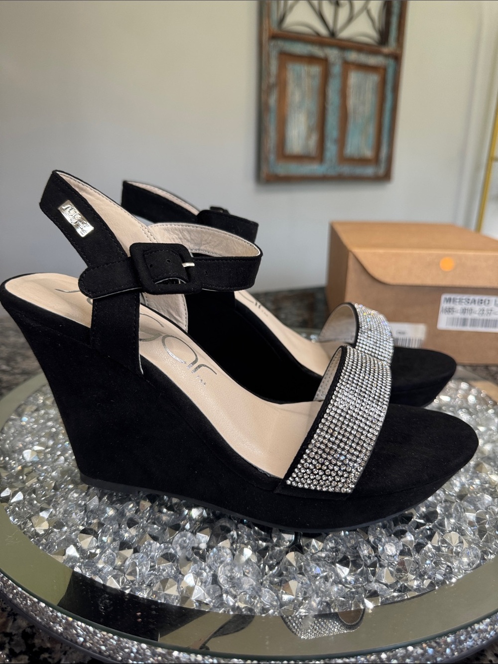 Sugar Black Wedge Sandals with Crystal Front Strap NEW 8.5